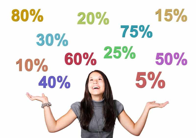 Frugal Living Tips: Woman with hands in the air surrounded by % numbers.